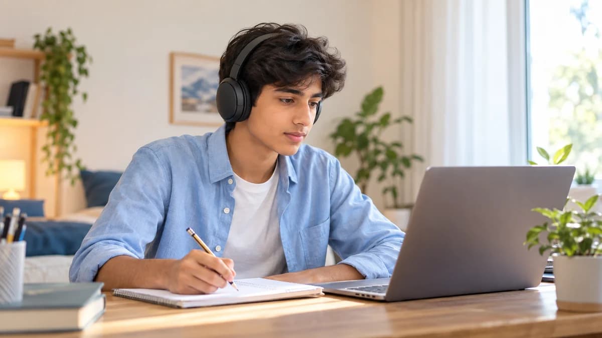 Illustrative image of a student wearing headphones and taking notes during an online lesson
