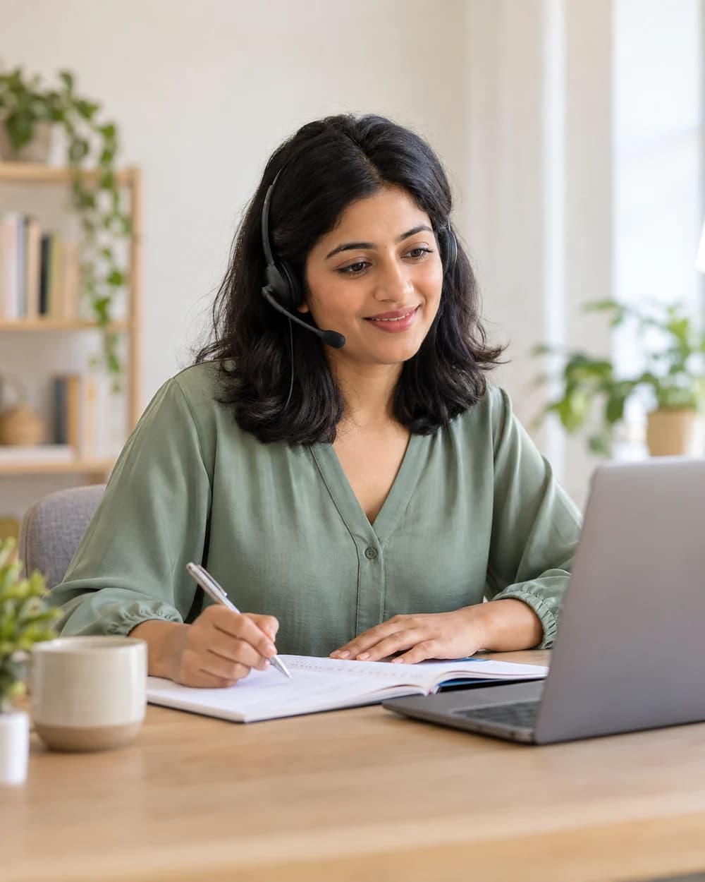 Illustrative image of a tutor wearing a headset and teaching an online lesson with a laptop and notebook